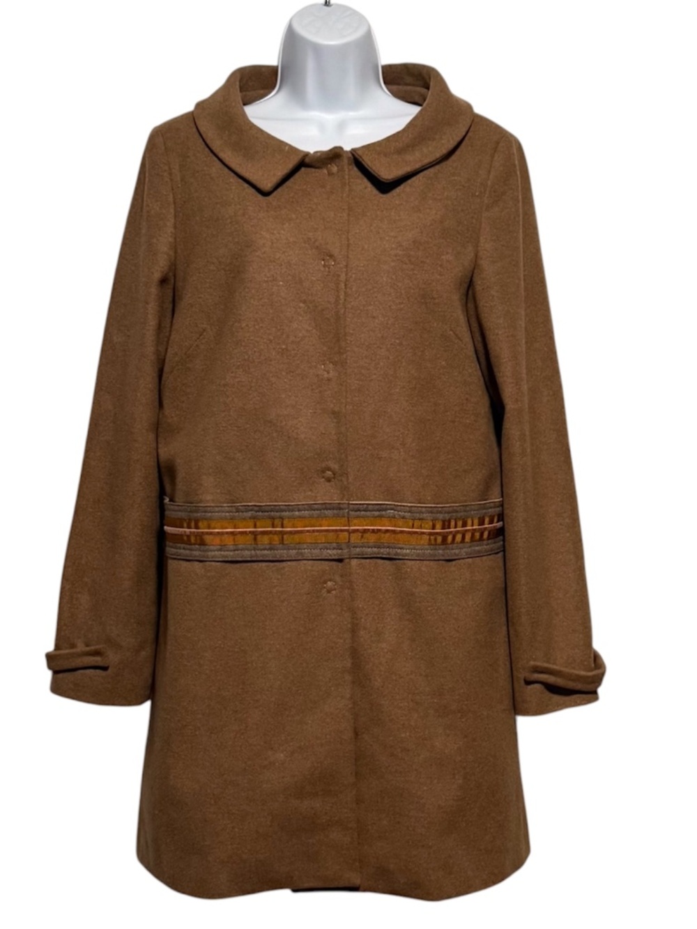 Zara Basic Tan Wool Blend Midi Length Coat Ribbon Details Size Large